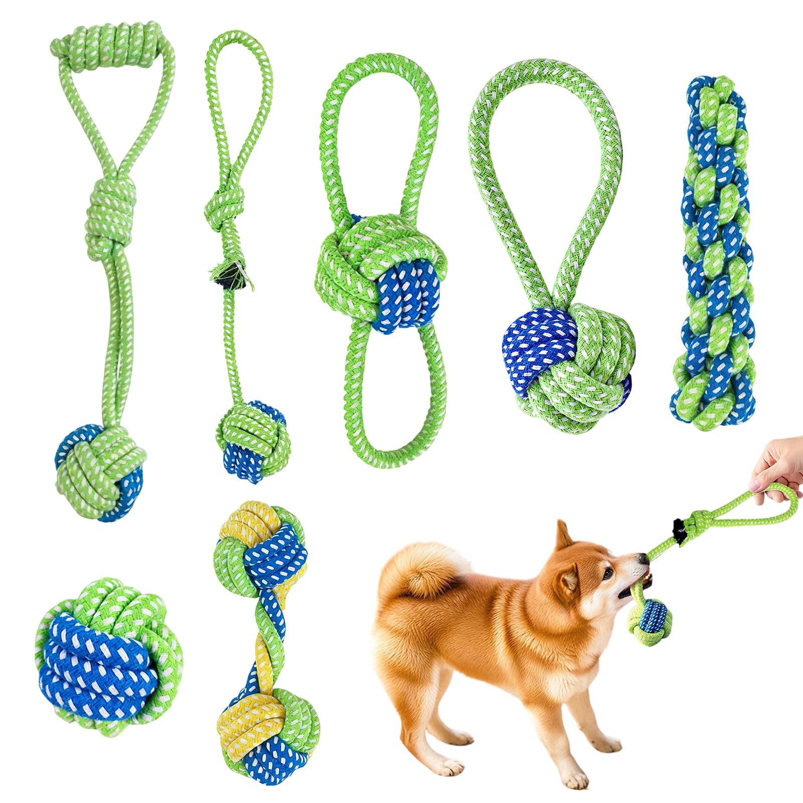 Hundespielzeug Seil, 7 Stück Baumwolle Hundespielzeug Set Geflochtene Welpen Spielzeug Interaktives Kauspielzeug für Hunde Hundespiel und Training (Grün)