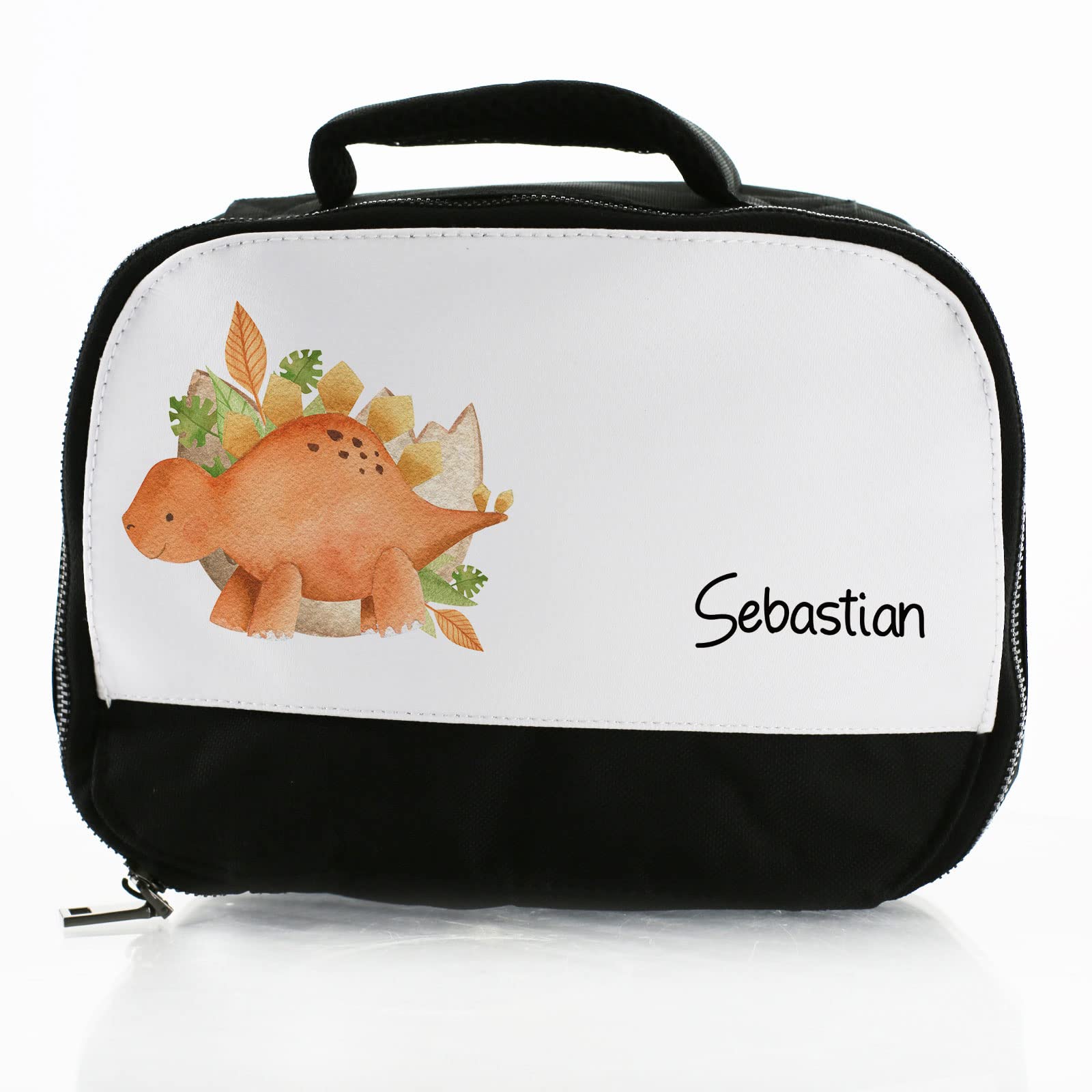 Hairyworm Personalised Bag, Black and White Insulated Lunch Bag Customised with Name/Text, Orange Stegosaurus Dinosaur Print Design, Dinner Bag for School Hot and Cold Food, Size: (18cm x 25cm x 8cm)