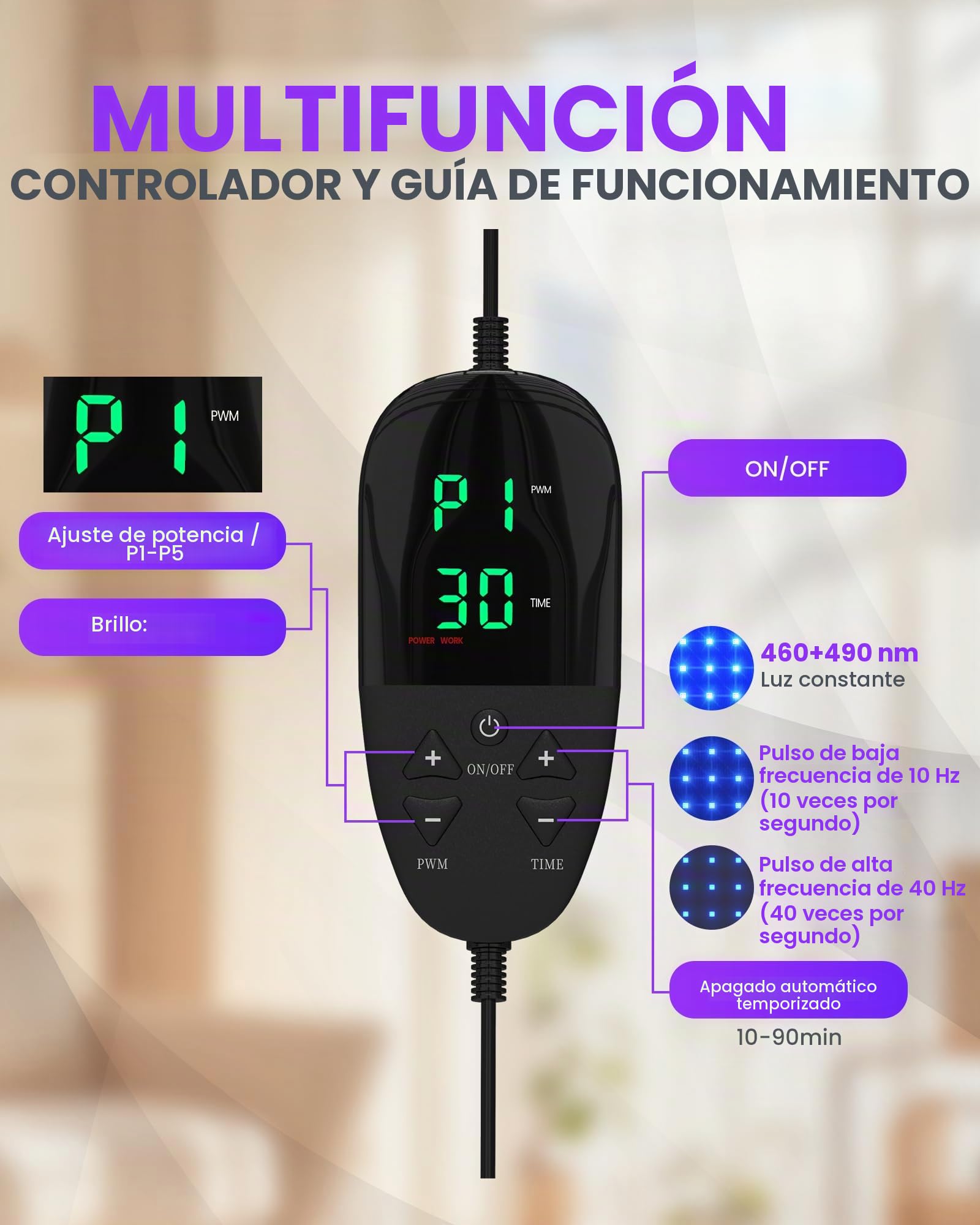 Lámparas bronceadoras 460 nm 490 nm 100x60 cm, bronceador facial 5 intensidades, 3 modos constante/10 Hz/40 Hz pulso, tumbado/colgado