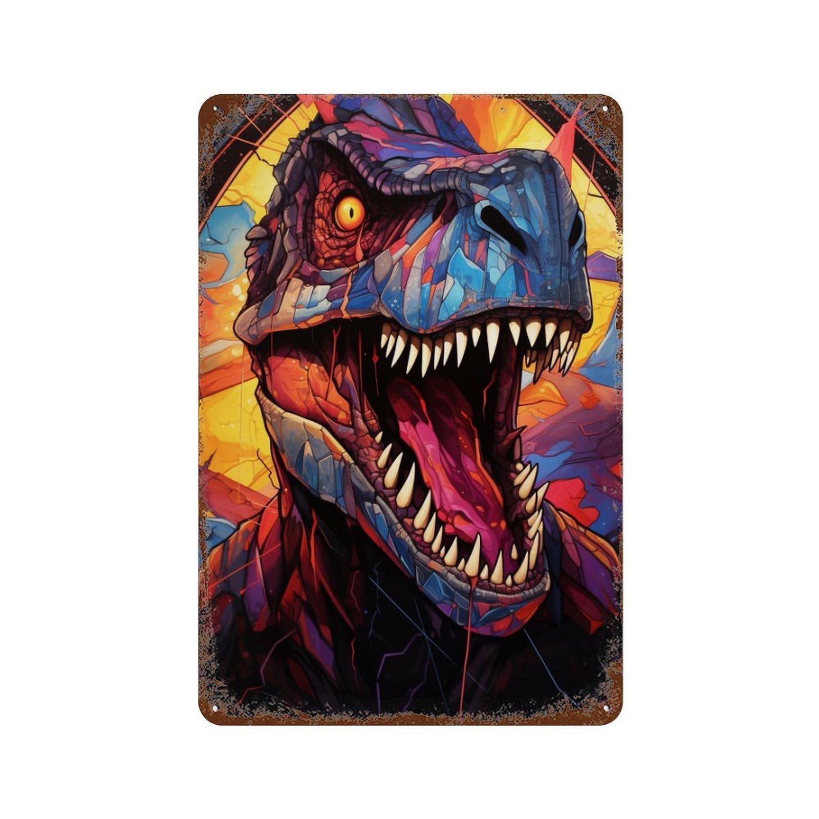 Colorful Tyrannosaurus Rex Artwork 11.8"x7.9" Rustic Tin Plaque, Industrial Home Decor for Farmhouse, Kitchen And Entryway Decor