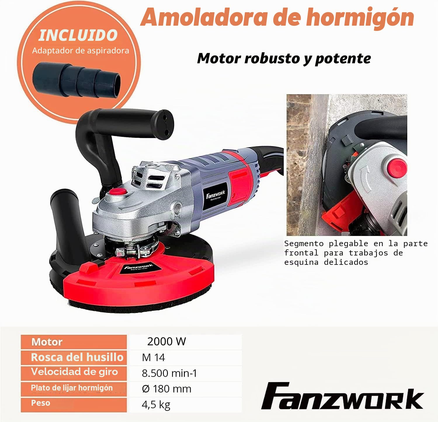 FANZTOOL - Amoladora de hormigón (2000 W, con cabezal de corte de diamante de 180 mm y campana de extracción)