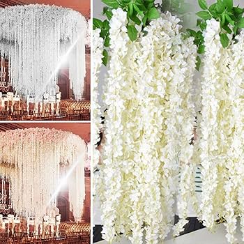 Amazon|造花 藤の花 白 20本入れ 1m 壁掛け 造花グリーン フェイク