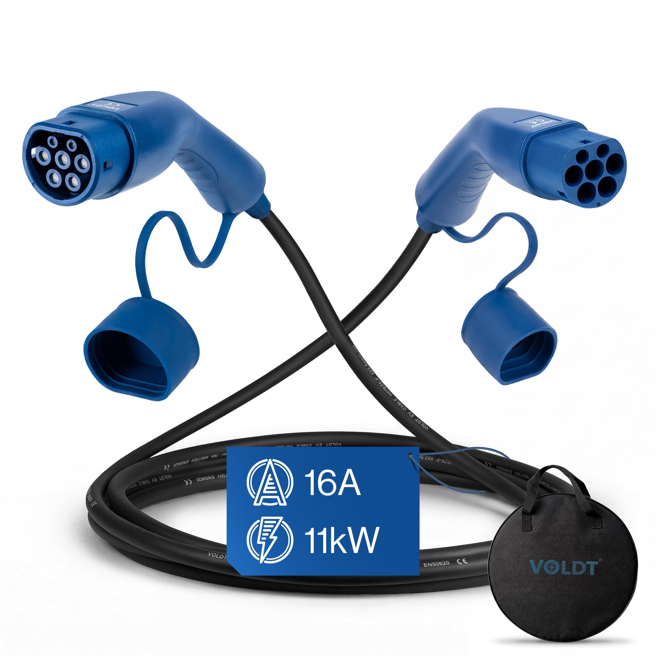 Voldt Ladekabel Typ 2 11 kW 16 A dreiphasig für Elektroautos EV PHEV, Typ 2 zu Typ 2 Modus 3, Geeignet für Modelle S/X/Y/3, ID.4, E-Tron, e-208, I4, IX1, Zoe, etc. Schutzklasse IP67
