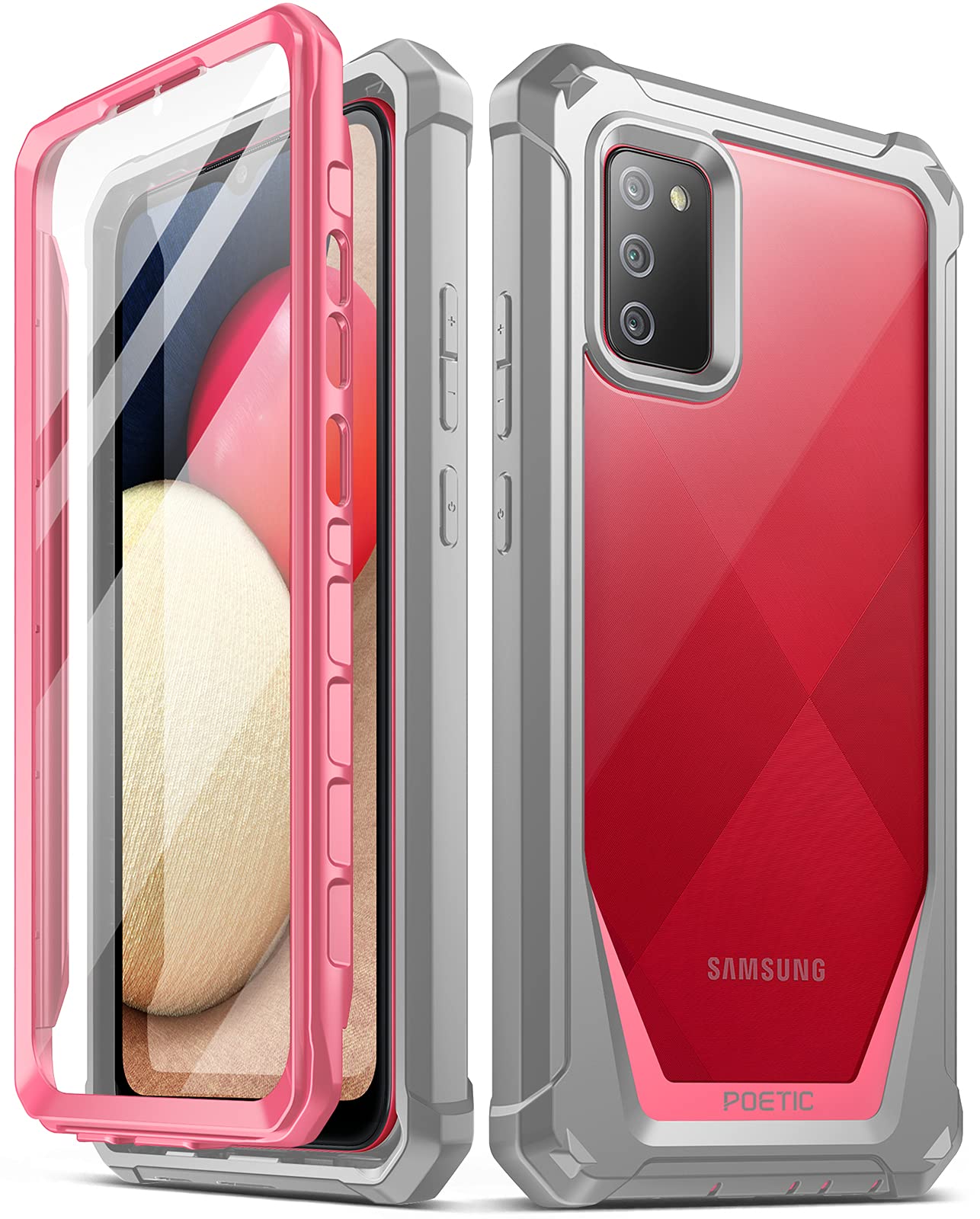 PoeticGuardian Series Case Designed for Samsung Galaxy A02S, Full-Body Hybrid Shockproof Bumper Clear Protective Cover Case, Built-in Screen Protector, Pink/Clear