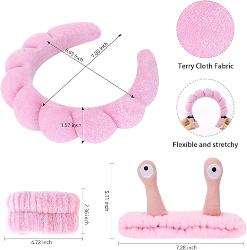 Miniatura 5 de WHAVEL Juego de 6 diademas y pulseras de spa, diadema de tela de rizo, diadema hinchada de maquillaje, diadema para lavado de cara, banda de esponja