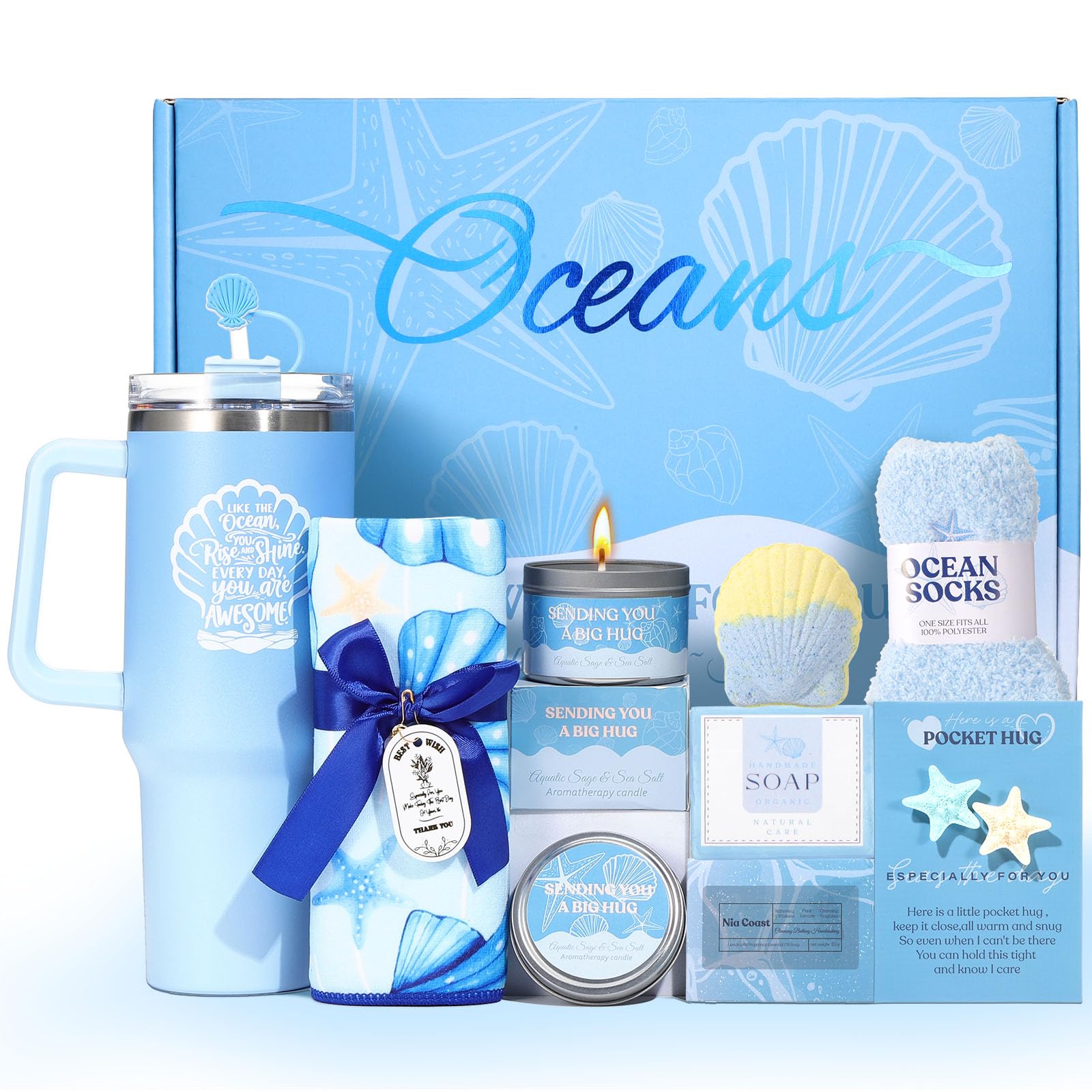 Self Care Gifts for Women,Ocean Birthday Gifts for Women,Spa Care Package | Blue Gift Box,Beach Gift Basket,Relaxation Spa Gifts Set for Women,Get Well Soon Gift,For Mom,Wife,Sister,Her,Best Friend