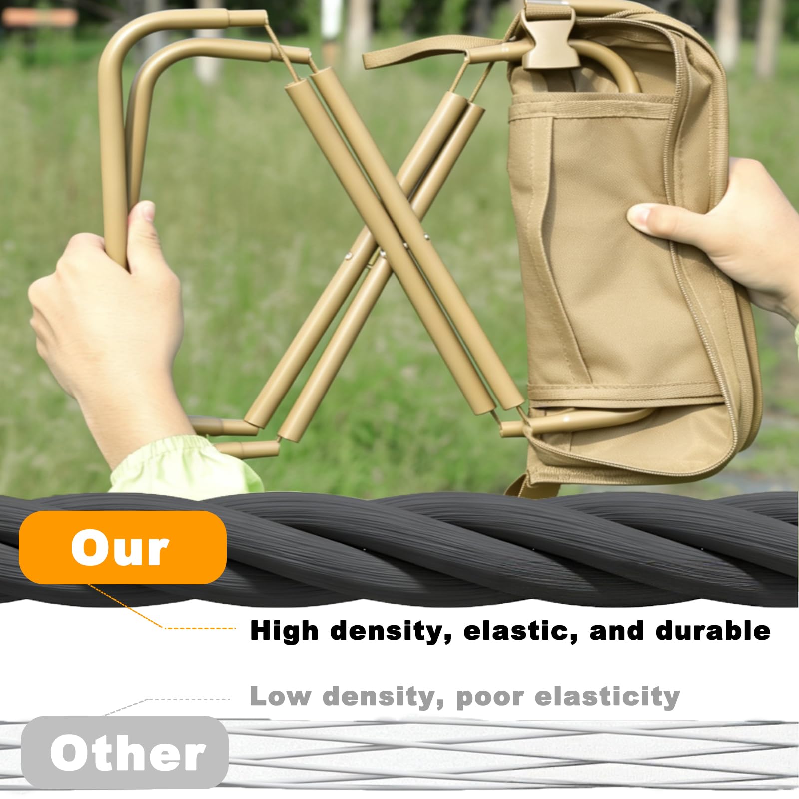 Taburete Plegable Portátil, Banqueta Plegable Camping, Asiento Compacto y Ligero – se Pliega en Bolso – Ideal para Playa, Colas, Jardín, Hogar, Excursiones (Beige)