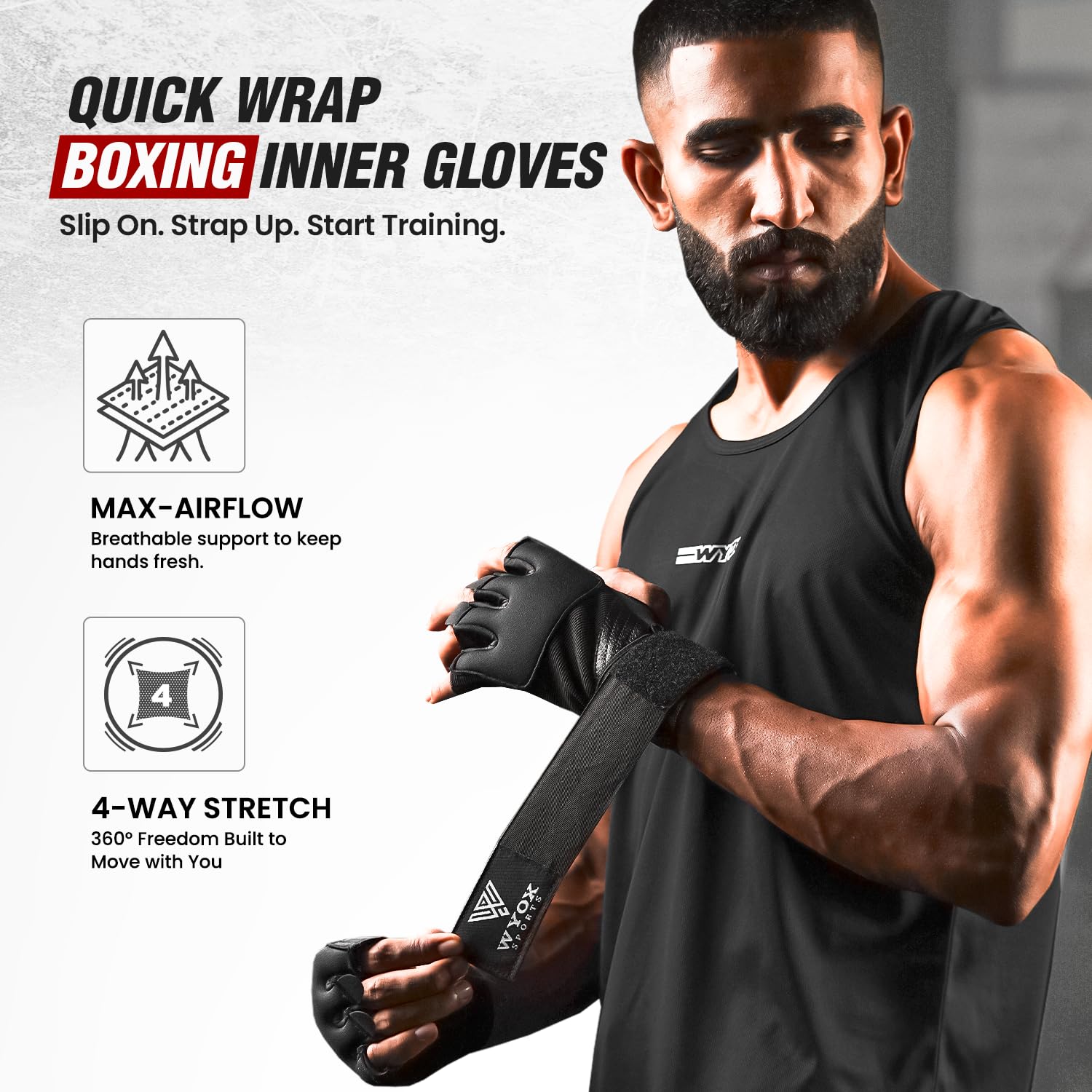 WYOX Fasce da boxe in gel, guanti interni per uomini e donne, 80 cm, cinghie da polso veloci, protezione imbottita per caviglia per Muay Thai, kickboxing, bende per pugilato e arti marziali