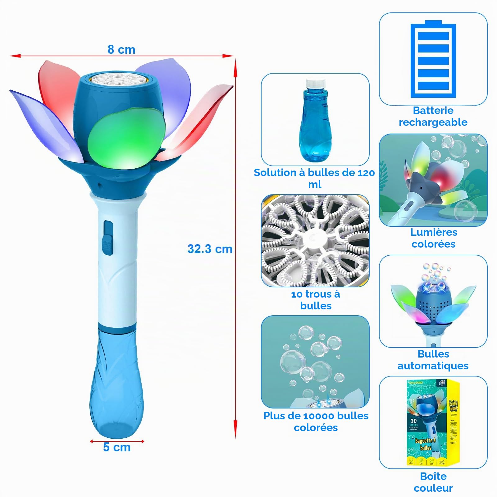 Machine à Bulles pour Enfants Lotus Jouet à Bulles Automatique avec 120ml Solution à Bulles & Lumières, Rechargeable pour Fête Anniversaire Mariage