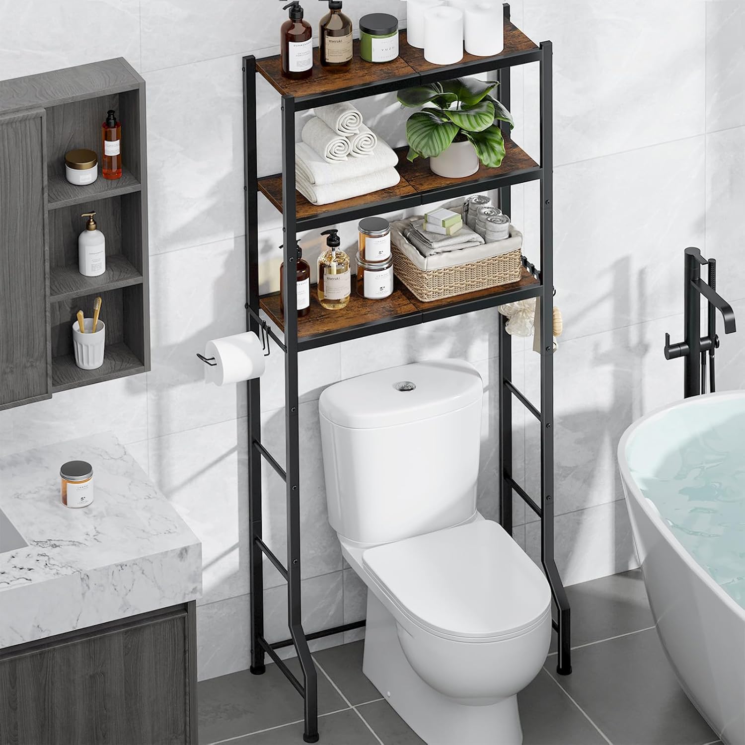 Kitsure Over-The-Toilet Storage Rack - Freestanding Over The Toilet Storage Cabinet with Paper Holder & Hooks, Bathroom Organizers and Storage, Brown + Black, 3 Tiers (61" H) Brown + Black 3 Tiers (61"H)