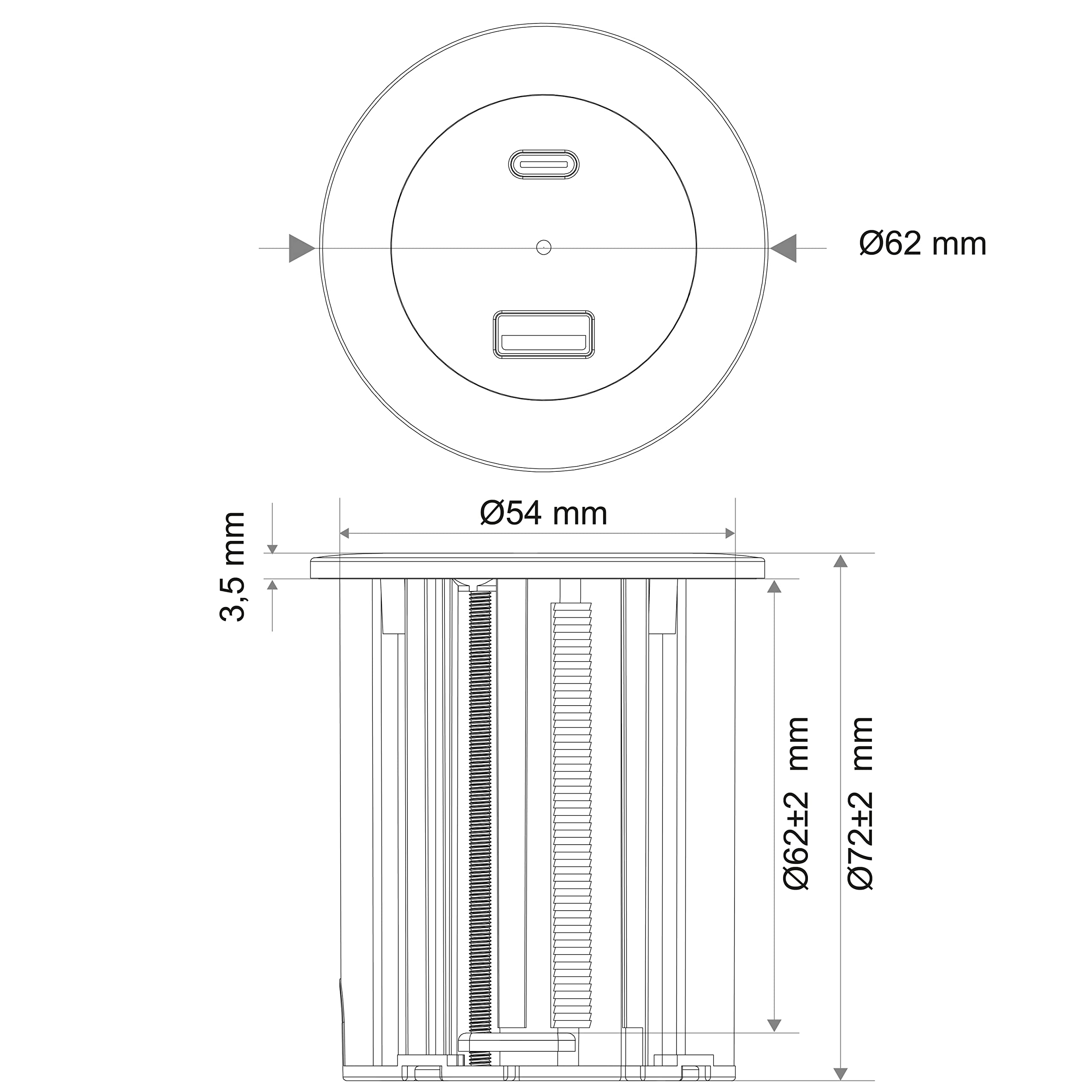 Electraline Tischplatte Grommet Einbausteckdose/Tischsteckdosenleiste/Tischsteckdose mit C Power Delivery zum Laden von Computern + 1 typ A 3.0A Q.C. 3M Kabel, D54-60mm, Schwartz, 2 USB (A+C) P.D. 45W