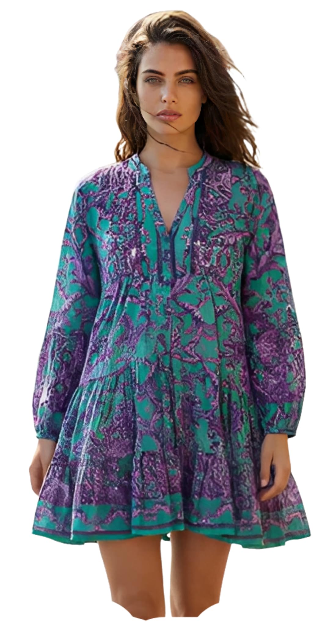 Antica Sartoria - Vestido Herculano 89 en Algodon Estampado, Cuello Mao y Abertura Delantera. Mangas 3/4, teminacion de Cenefa en Mangas y bajo. Talla Unica Muy Amplia