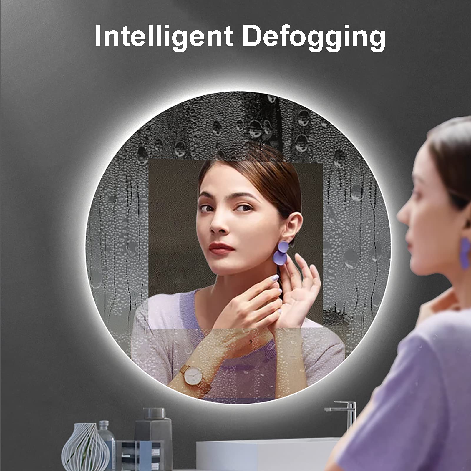 Espejo de Maquillaje, Espejo de tocador de baño con retroiluminación LED, espejo iluminado montado en la pared con 3 colores claros y antivaho, resistente al agua Ip54, espejo de maquillaje de brillo