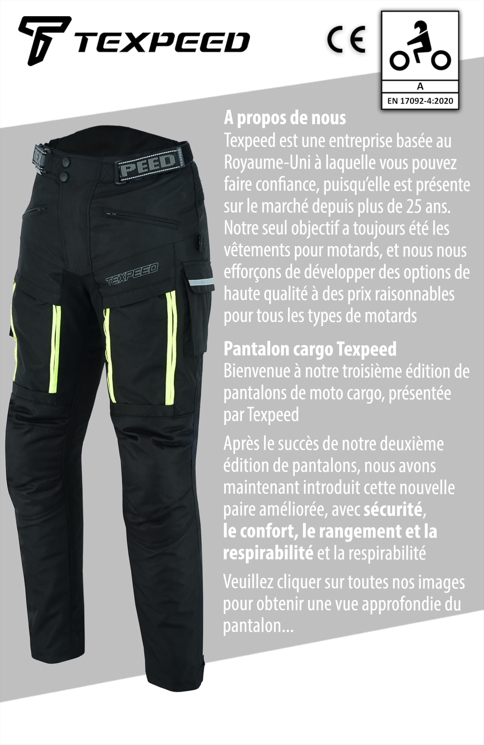 Texpeed Pantalon de Moto Homme Renforcé - Hiver/été Cordura Imperméable - Toutes Tailles - Avec Armure CE Protection (EN 1621-1) - Noir - L