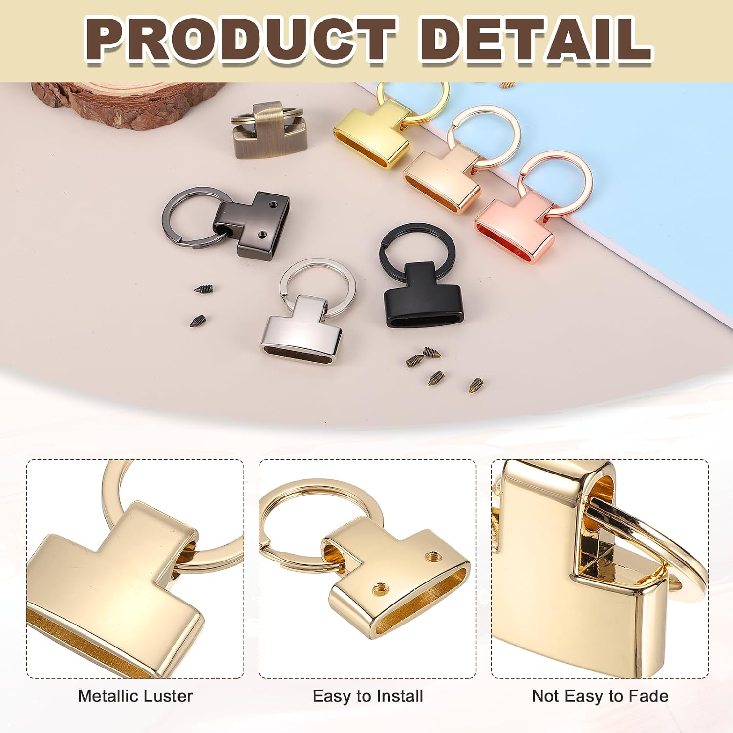 PATIKIL 10 Sets Key Fob Hardware with Split Ring, 1 Inch Key Hardware Set with 2 Screws for Car Keychain Wristlet Lanyard Leathercraft, Light Golden image 3