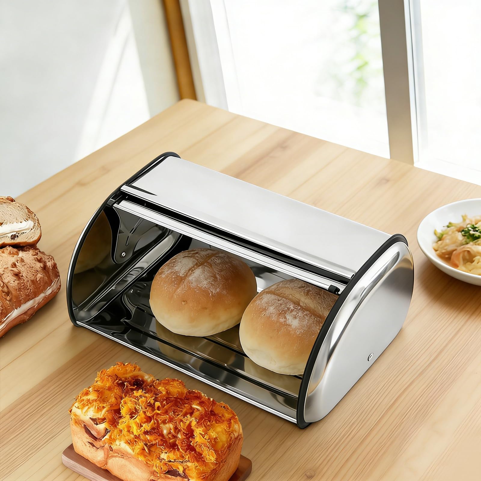 Contenitore per pane in acciaio inox 410, con coperchio arrotolabile, resistente alle zanzare, per pane, pane, pane, biscotti, pane, 43,5 x 27 x 18 cm