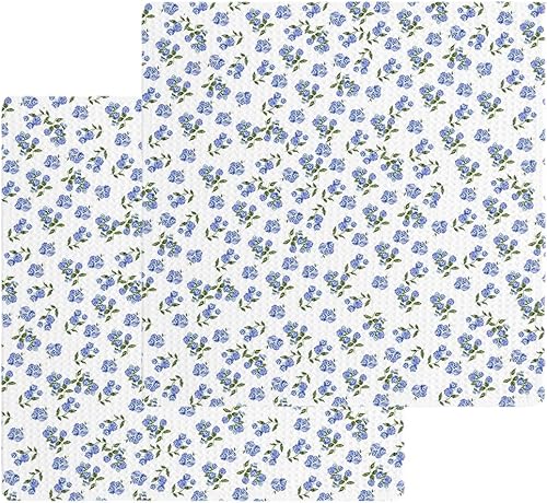 Miniatura 1 de Artwork Store Paquete de 2 toallas de cocina de algodón con tejido de gofre, flores azules, absorbentes, de secado rápido, paños de cocina para
