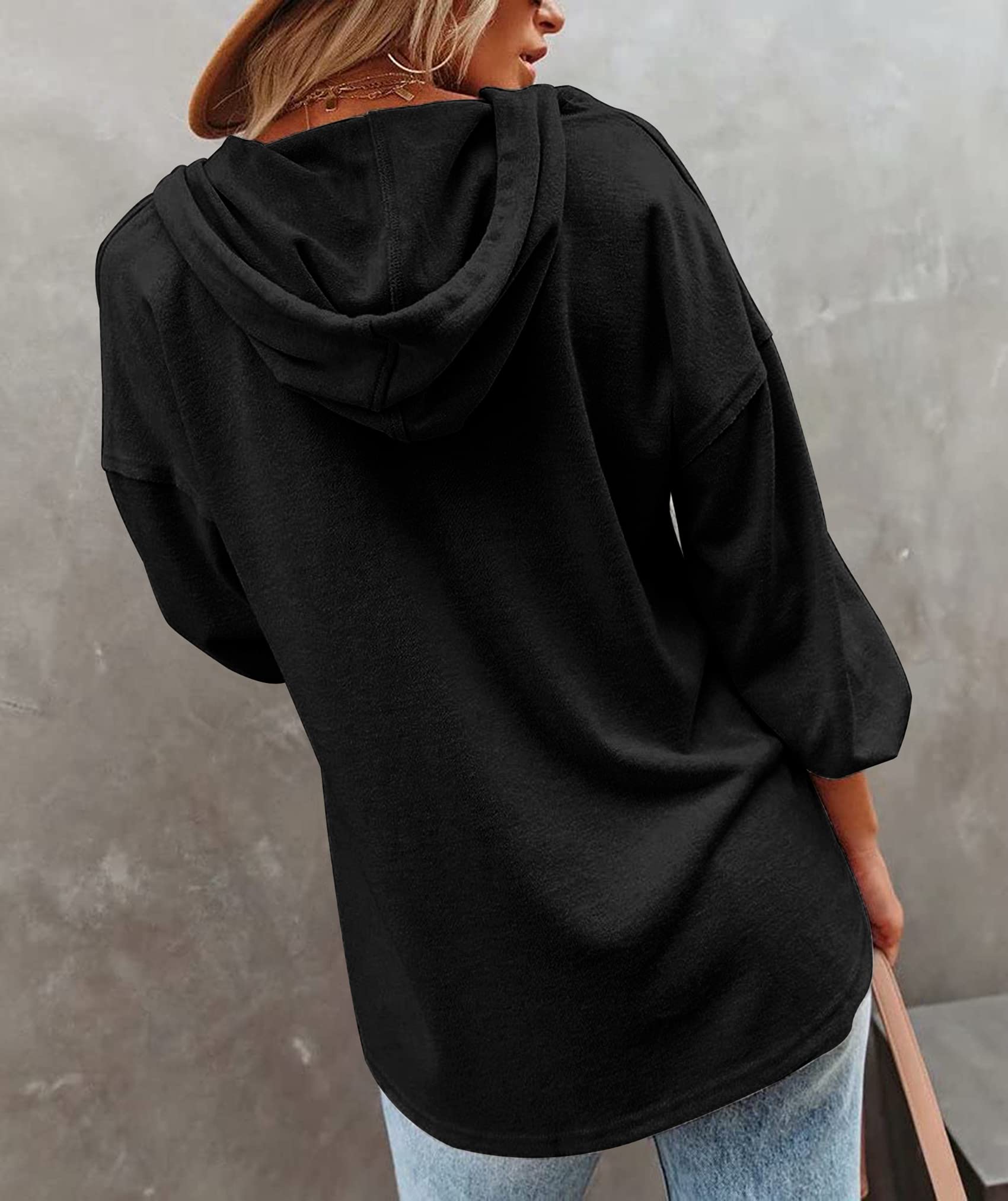 PLOKNRD Sweat-Shirt surdimensionné à Manches Longues pour Femme Pull à Capuche boutonné avec Cordon de Serrage