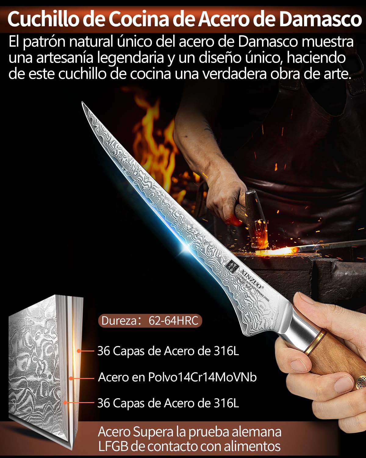 XINZUO Cuchillo de Filete 17,8cm Acero Damasco 73 Capas Mango Olivo