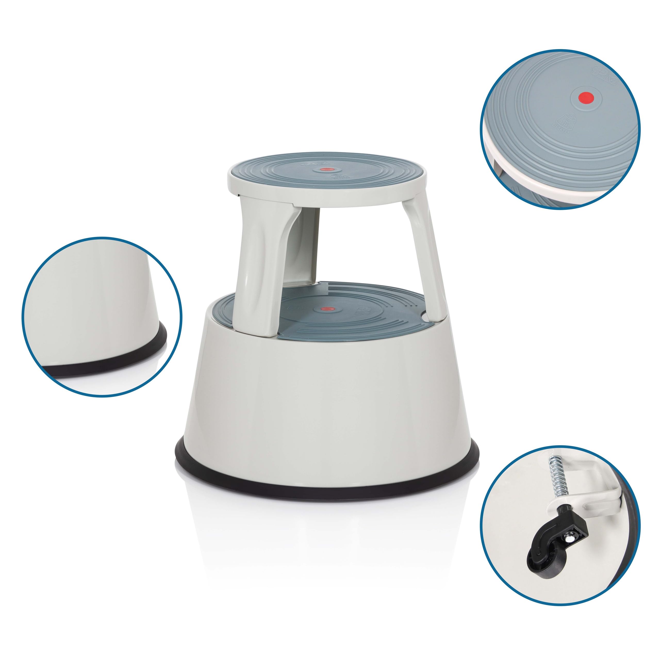 hjh OFFICE 830008 Taburete con Ruedas TIO-M II Metal Gris Claro, Altura 43 cm, soporta hasta 150 kg, Taburete rodante con 2 peldaños