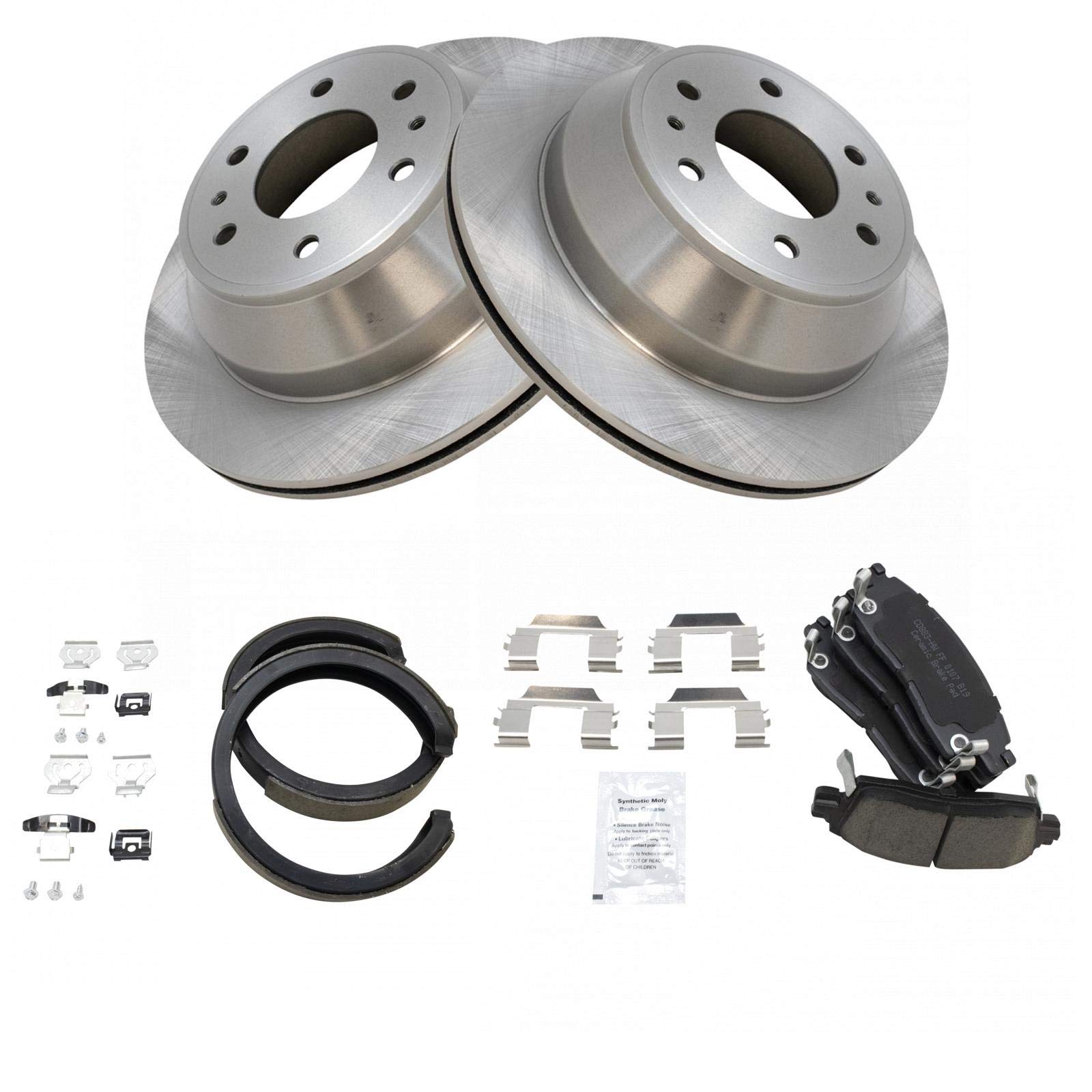 TRQ Rear Premium Posi Brake Pad & Rotor Kit with Parking Shoes for GM SUV Truck