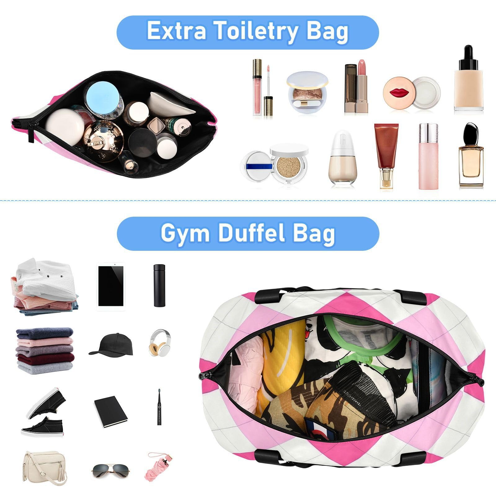Bolsa de viaje a cuadros magenta con bolsillo húmedo y correa ajustable para viajes, juego de 2 piezas para hombres y mujeres
