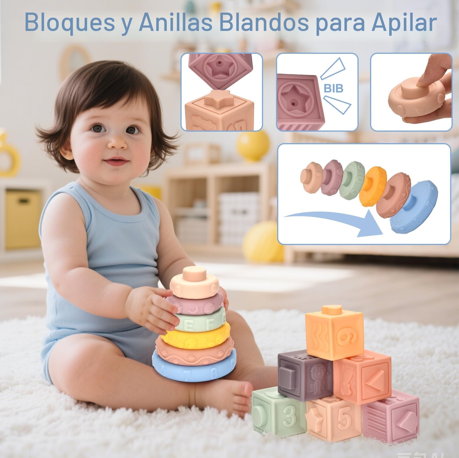 Juguetes Montessori Bebes 6 -12 Meses,6 en 1 Montessori Sensoriales Bebe 1 2 3 Año,uguetes para desarrollar Habilidades motorasz,Bebésn Educativos Bloques de Apilar y Encajar Regalos para Bebés