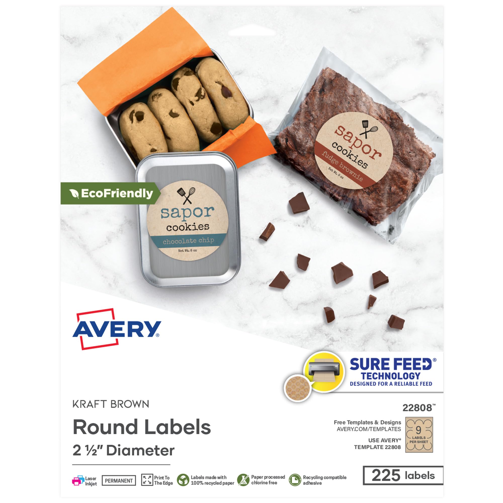 Avery Kraft Brown Round Labels with Sure Feed Technology, 2.5" Diameter, Print to The Edge, Laser/Inkjet Printable Labels, 225 Total (22808)