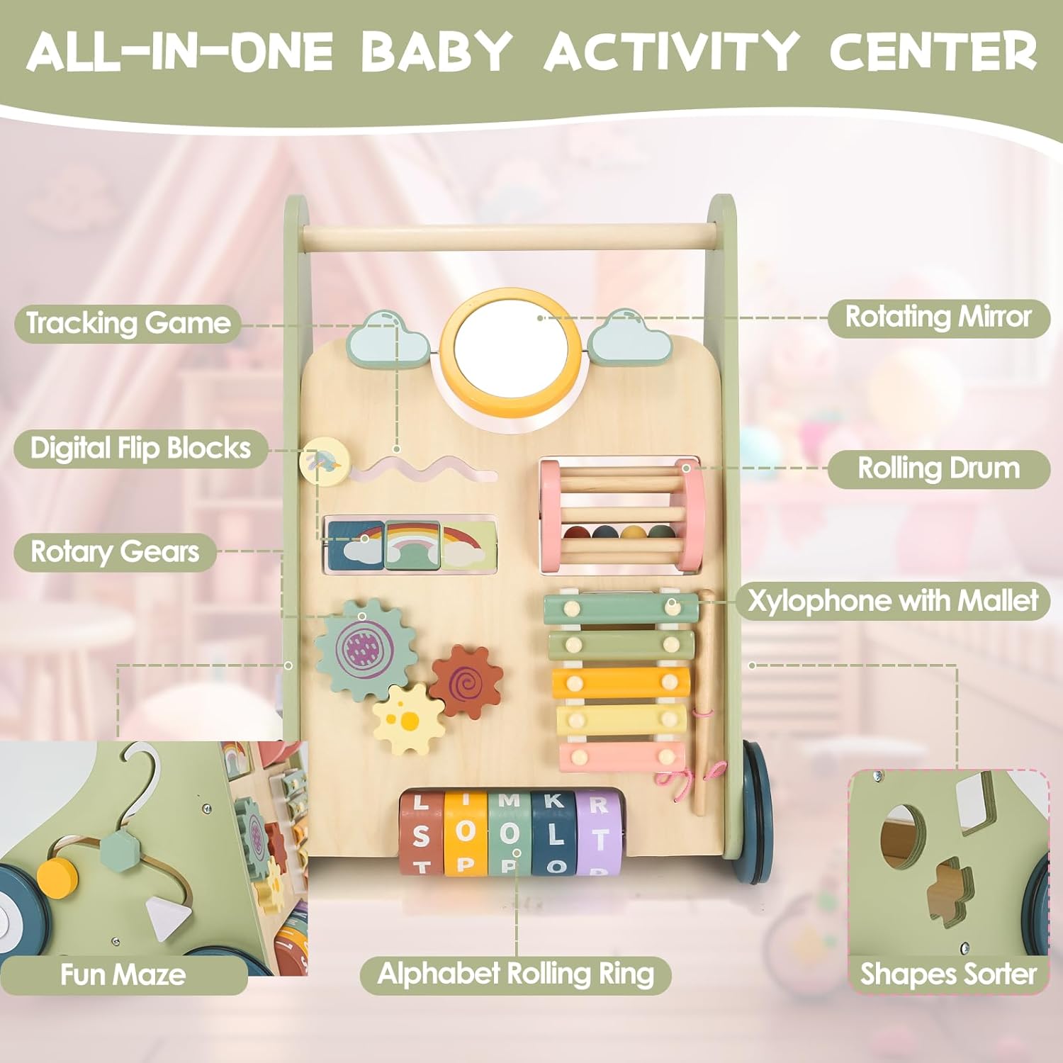 Baby Push Walker, Wooden Baby Walker with Wheels, Montessori Push Walker for Babies 10-12 Months, Adjustable Speed Push Walking Toys for Boys&Girls 1 Year Old, Christmas Birthday Gifts for Toddler - Image 4