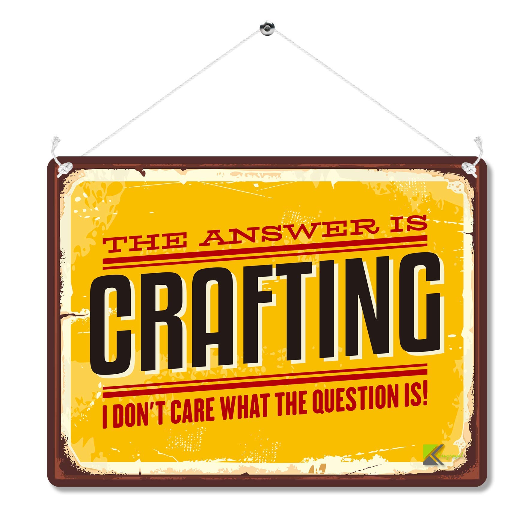 Kruzroyal Funny Crafting Metal Wall Sign, The Answer Is Crafting Novelty Plaque Gift, Humorous Retro Vintage Tin Decor for Craft Room or Studio, 20x15cm with Hanging String