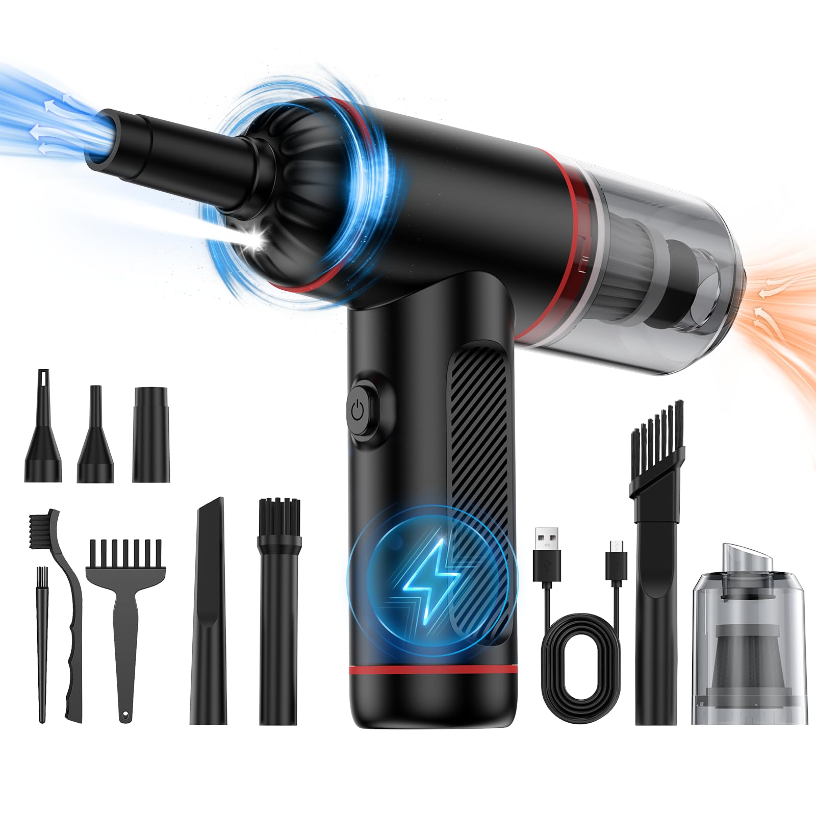 MARLALL Compressed Air Duster, 3 Gear Adjustable Cordless Air Blower & Hand Pump Car Vacuum Cleaner Portable Rechargeable 100000RPM Mini Handheld Computer Keyboard Duster Cleaner(Black + Red,VC019A)