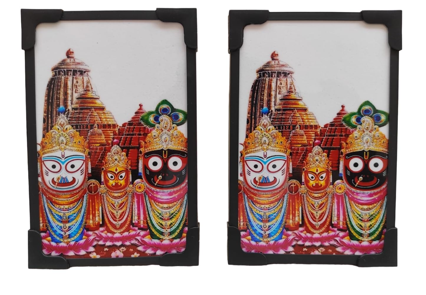 [Combo Offer] Vils Puri Lord Jai Jagannath Balram & Subhadra Divine Holy Blessing Wood & Plastic Wall Mount/Table Top Photo Frame Cutout with Back Stand (Vils Plastic Puri 6 inch 2 Piece)