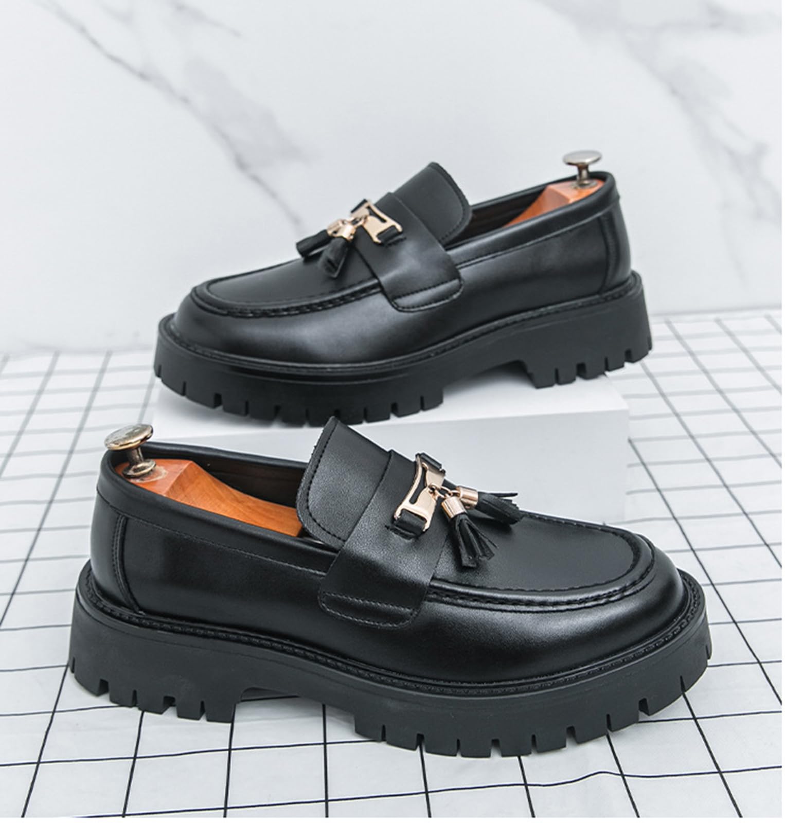 Mocasines Hombre Piel PU con Borlas Zapatos Vestir Casual Suela Gruesa