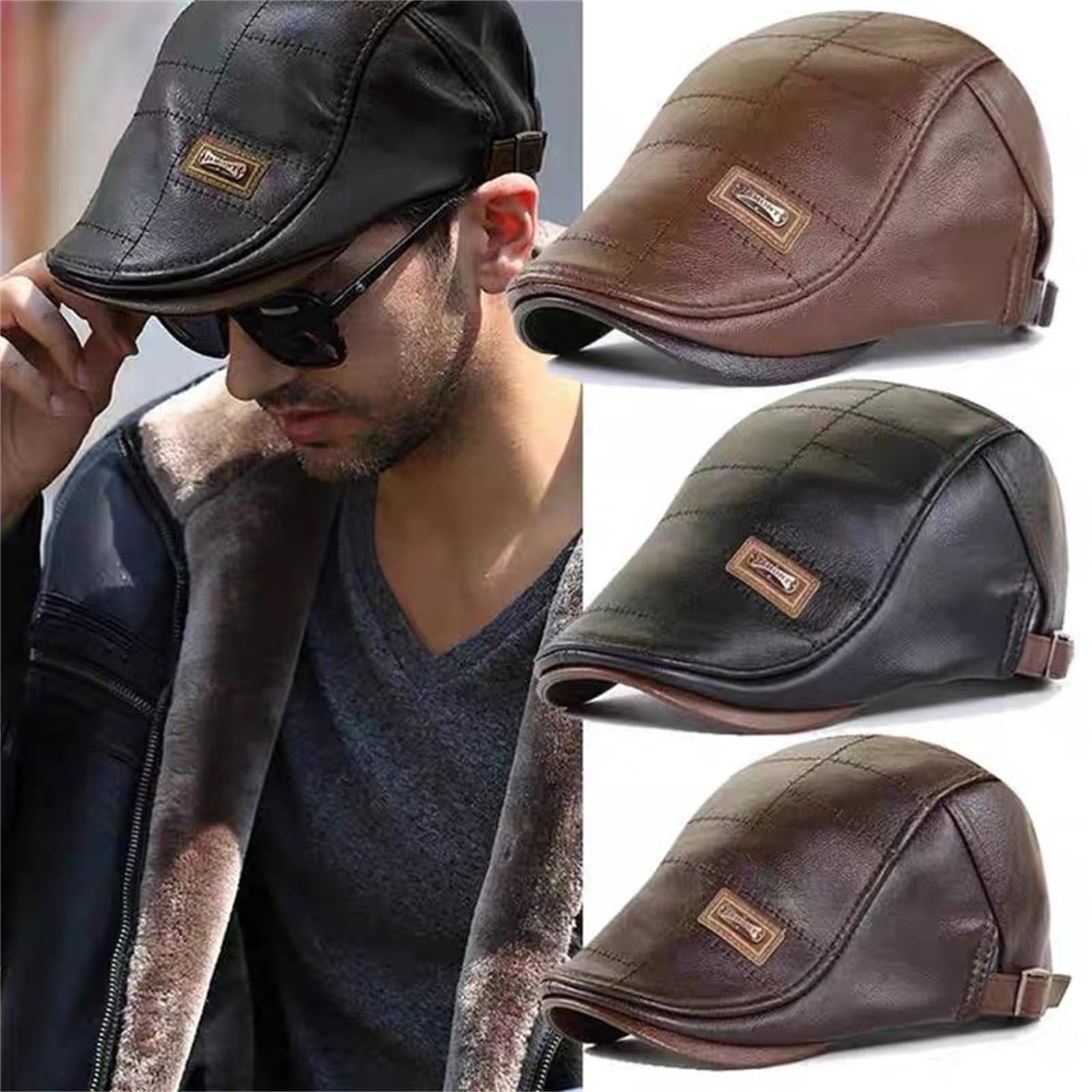 2023 modny skórzany beret moda na co dzień ciepły beret męski regulowany PU skóra czapka wędkarska unisex