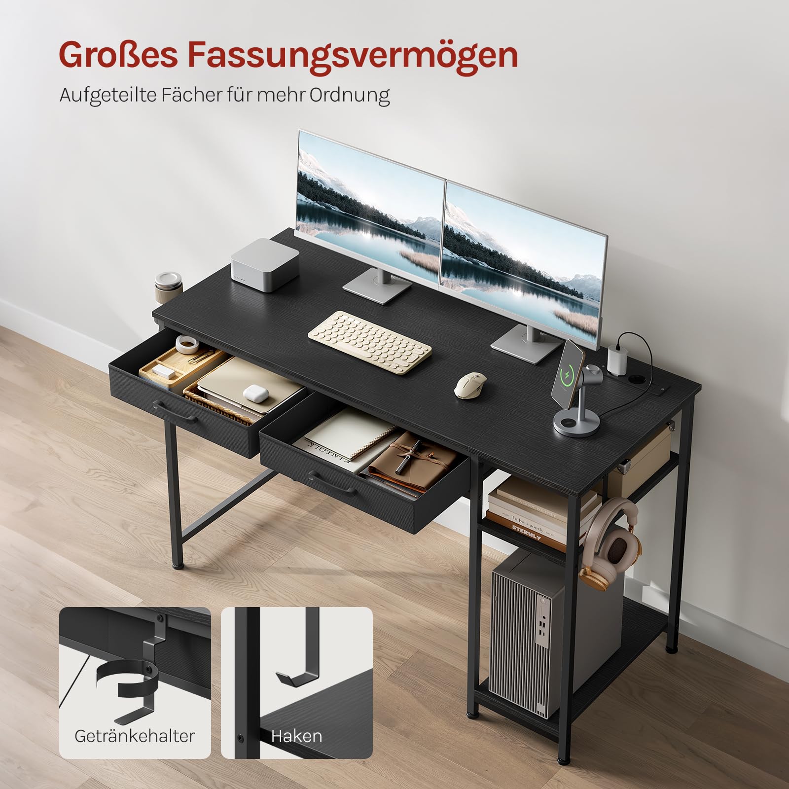 WOLTU Schreibtisch mit 2 Schubladen, Computertisch Schwarz, 120x51x75 cm | 2 Steckdosen, USB- und Typ-C-Anschluss, Kopfhörerhaken & Ablagen, für Homeoffice Schlafzimmer Wohnzimmer