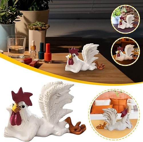 Miniatura 2 de Estatua de gallo blanco con postura encantadora y pestañas largas, escultura de arte de mesa divertida de resina, decoración rústica de cocina de