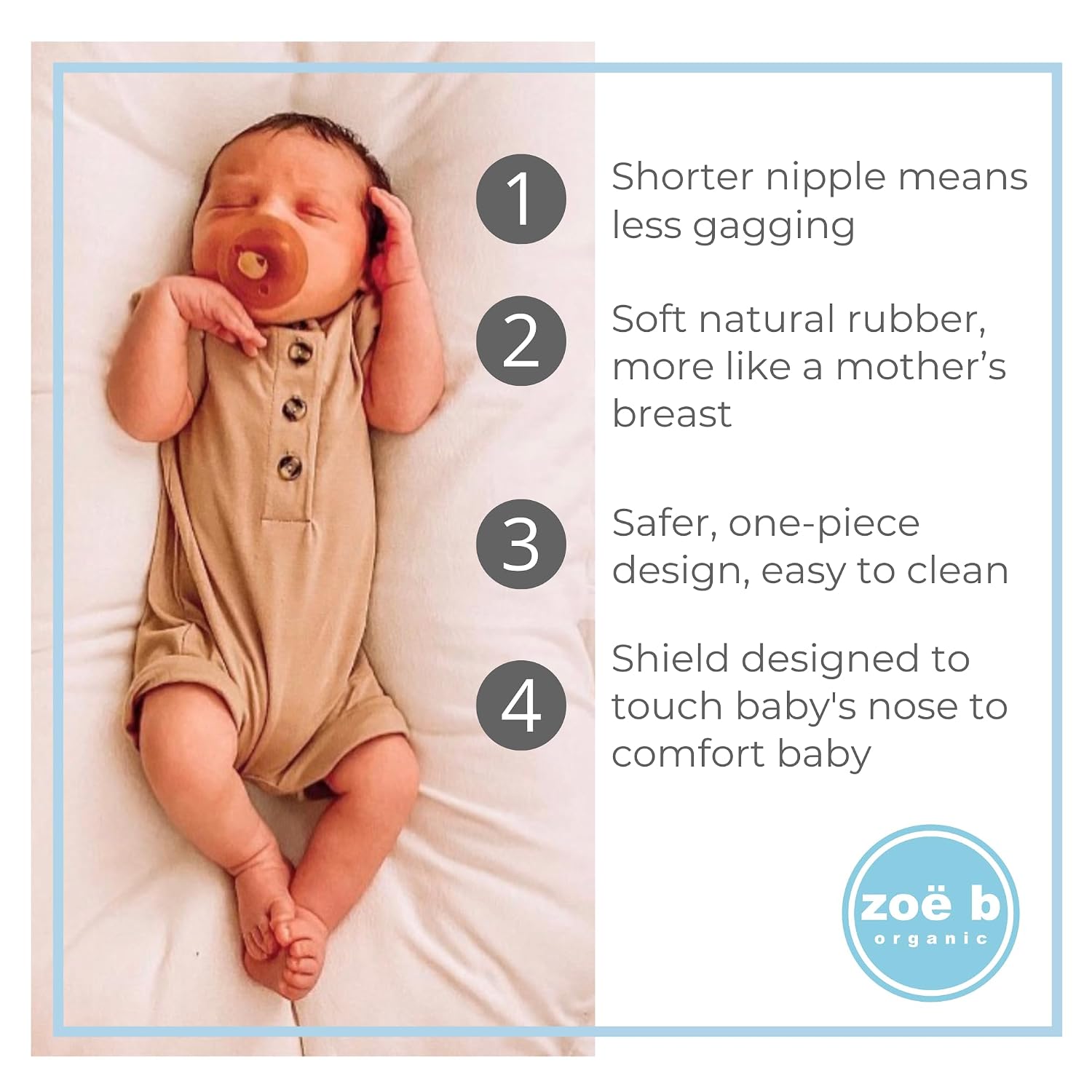 Symmetrical - Shorter Nipple Less Gagging - Small Newborn - Natural Rubber Pacifier - BPA-Free - Soft - Handcrafted in Italy