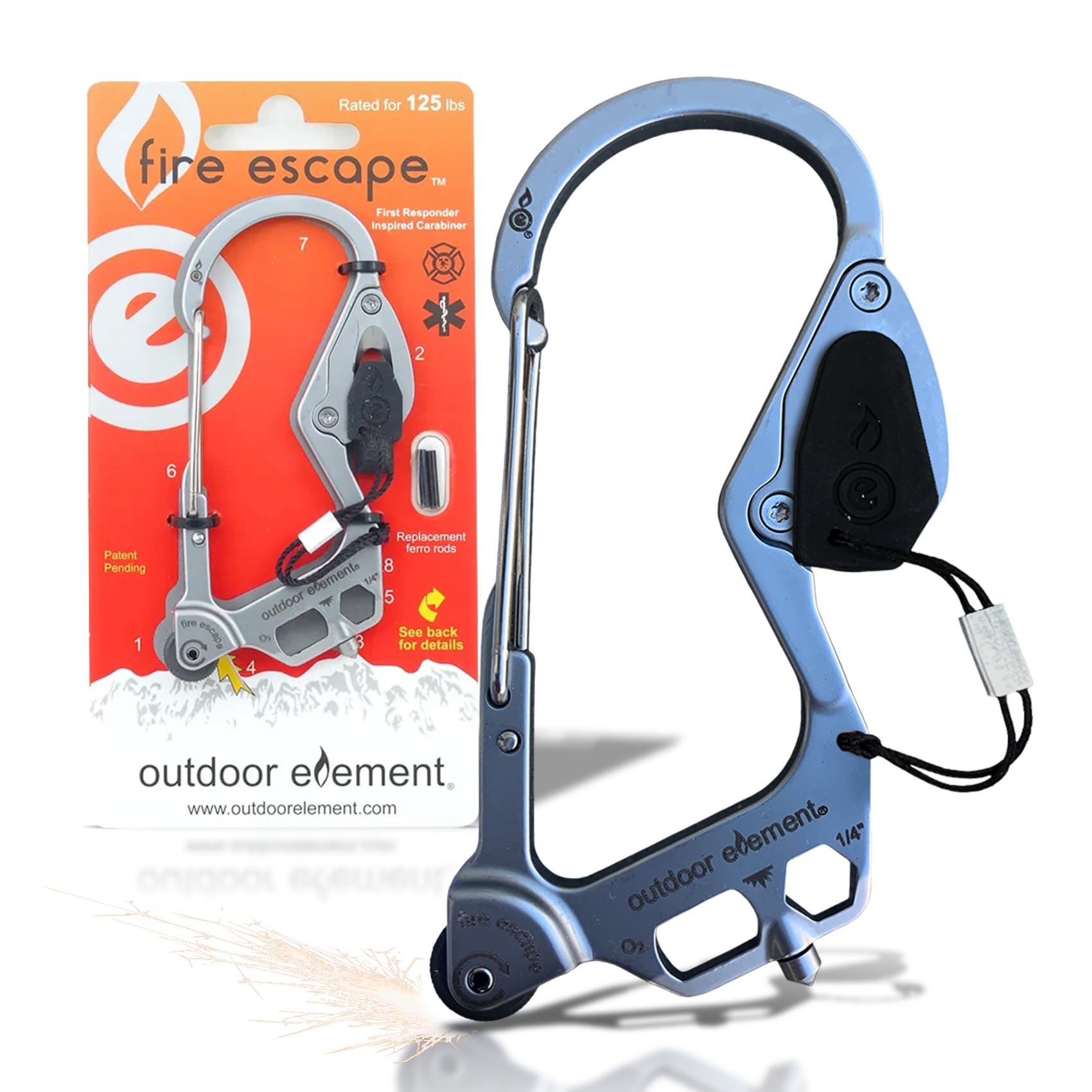 OUTDOOR ELEMENT Fire Escape, Emergency Escape Tool, Seatbelt Cutter, Window Breaker, Multi Tool, Fire Starter, Carabiner, and Much More