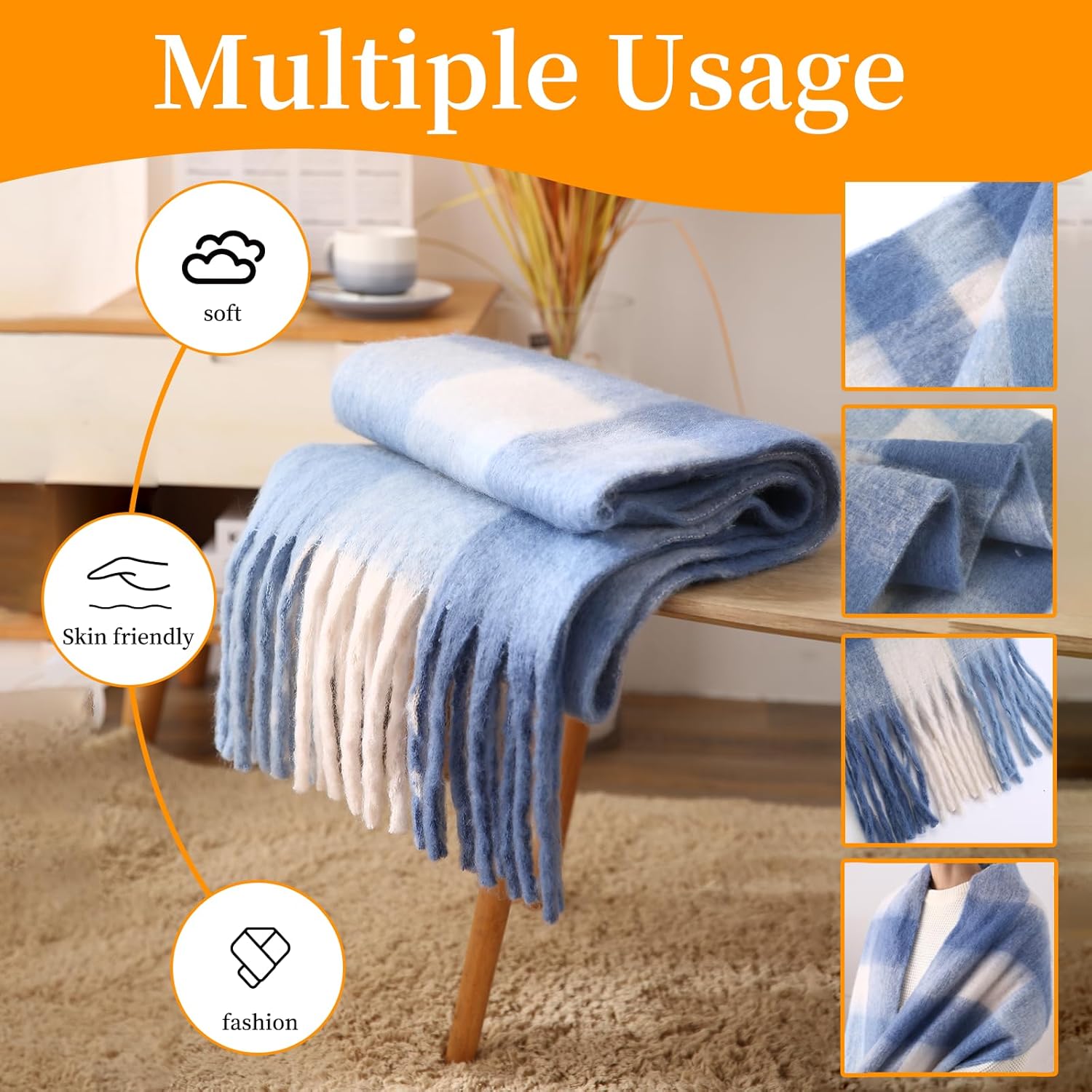 Rainbow Plaid Scarf for Women Soft Oversized Blanket Shawl with Tassels Ideal for Travel Fall Winter Colorful Scarfs - Image 2