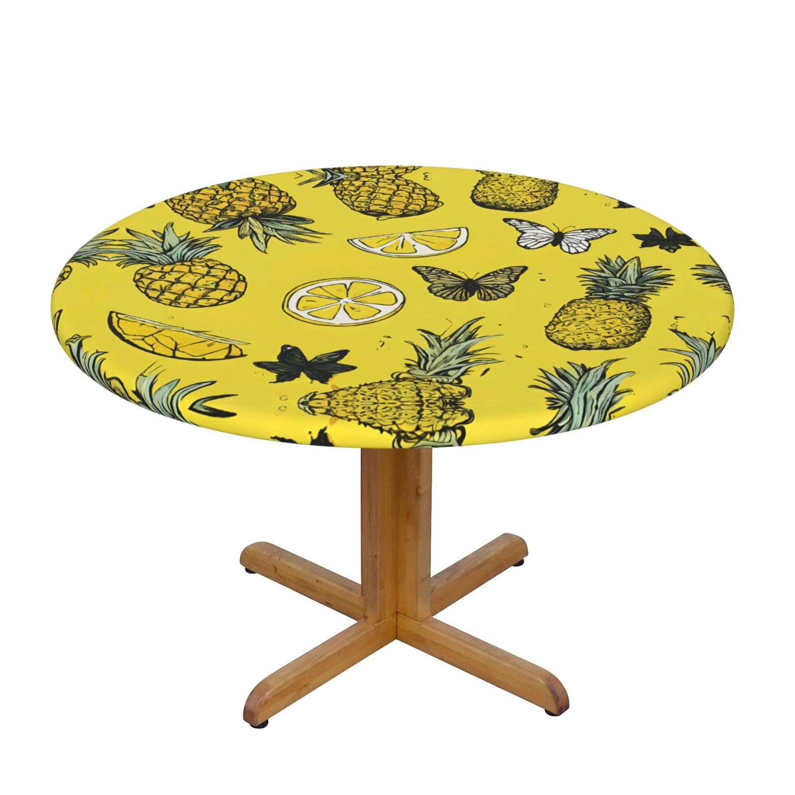ESNAIUVCD Fashion Pineapples print Waterproof Round Tablecloth,Outdoor Table Cloth with Elastic Edged, Elastic Tablecloth Wipeable, Garden Table Cloth Suitable for sizes 90cm-140cm