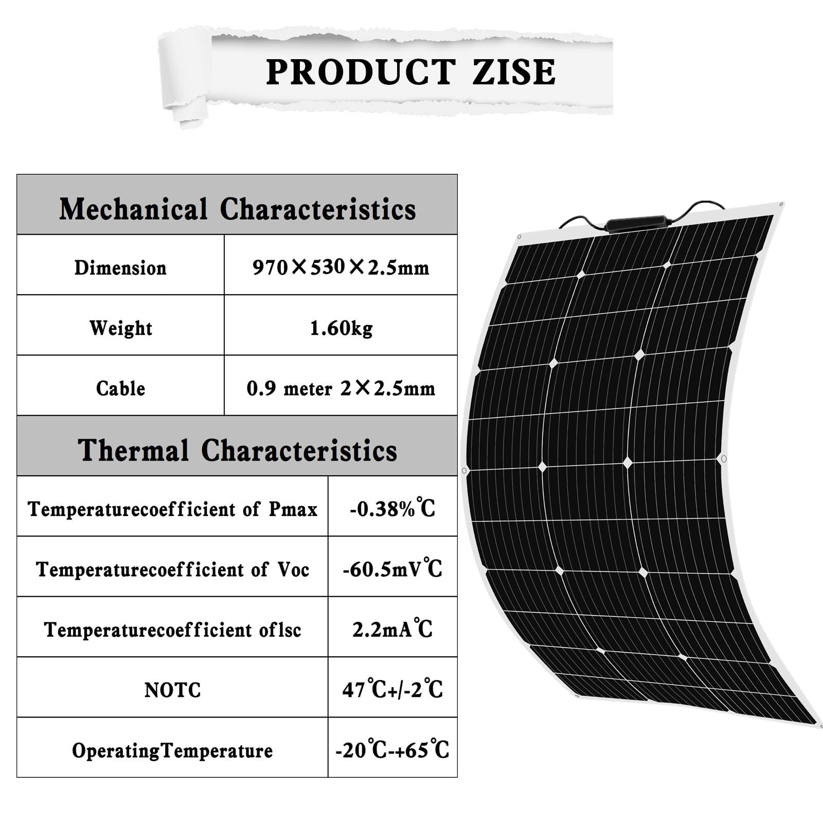 100W Panneaux Solaire Monocristallin 12V Haute Efficacité Flexible Panneau Solaire Pour Batterie 12 Volts, VR, Bateau, Voiture, Camping(1 * 100W)