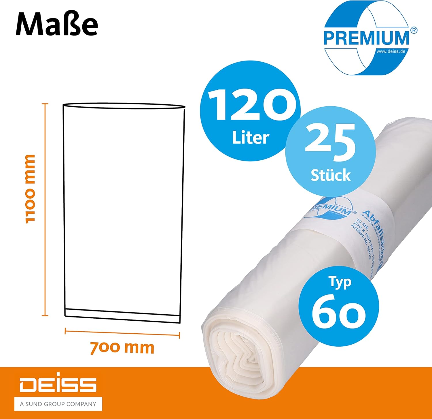 Deiss Premium Bin Bags Transparent Type 60, 120 litres