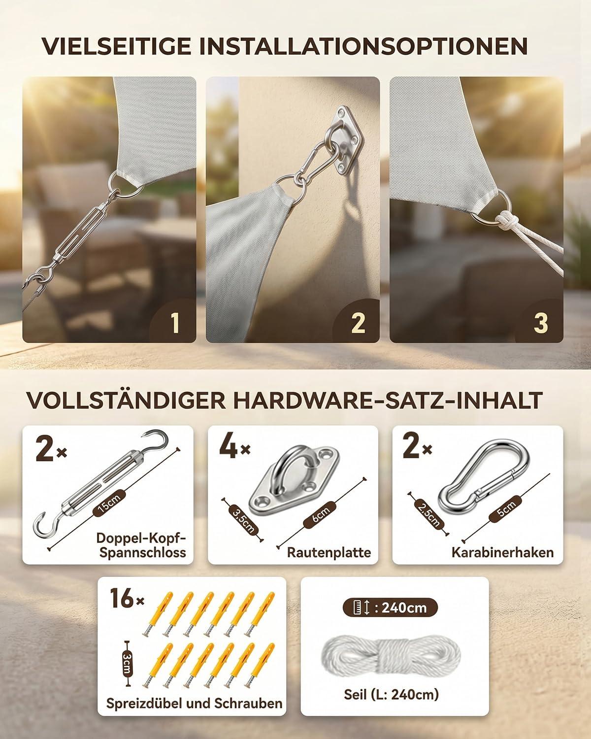 Sonnensegel Wasserdicht 3x4m Rechteckig, Premium HDPE 98% UV Atmungsaktiv, Mit Befestigung Set Und Rostschutz Ösen, Reißfest & Wetterfest, Geeignet für Außenbereich, Garten, Terrasse(Grau)