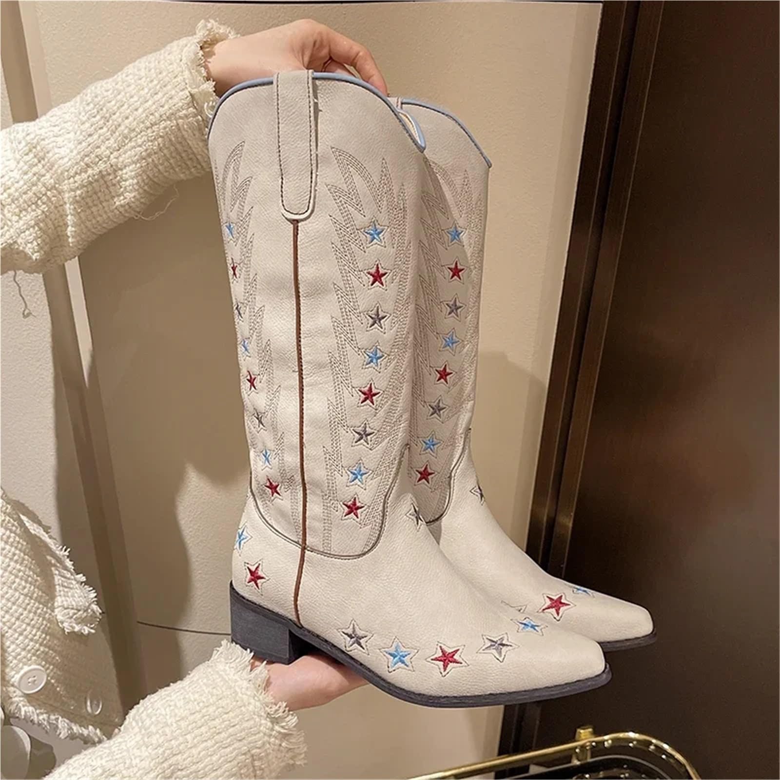 Stivali da cavaliere ricamati con stelle retrò da donna, scarpe da cowboy western a punta, stivali da cowgirl, stivali con tacco medio e alti fino al ginocchio Per Festa a Tema Concerto Country(42)
