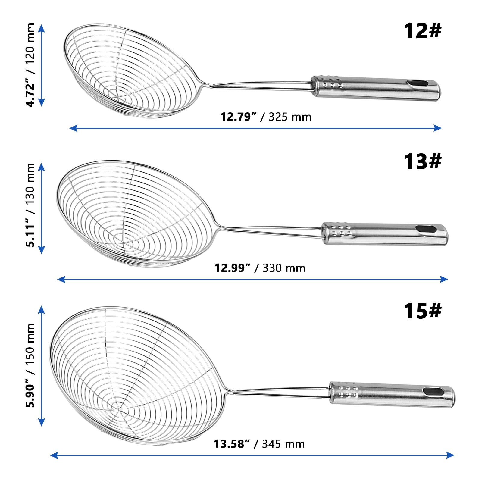 3 cucchiai per ragnatela in acciaio inox, 12 cm, 13 cm, 15 cm, filtro per ragni in acciaio inox, con manico, scolapasta per cucinare, pentole calde, arrosti, colino per pasta