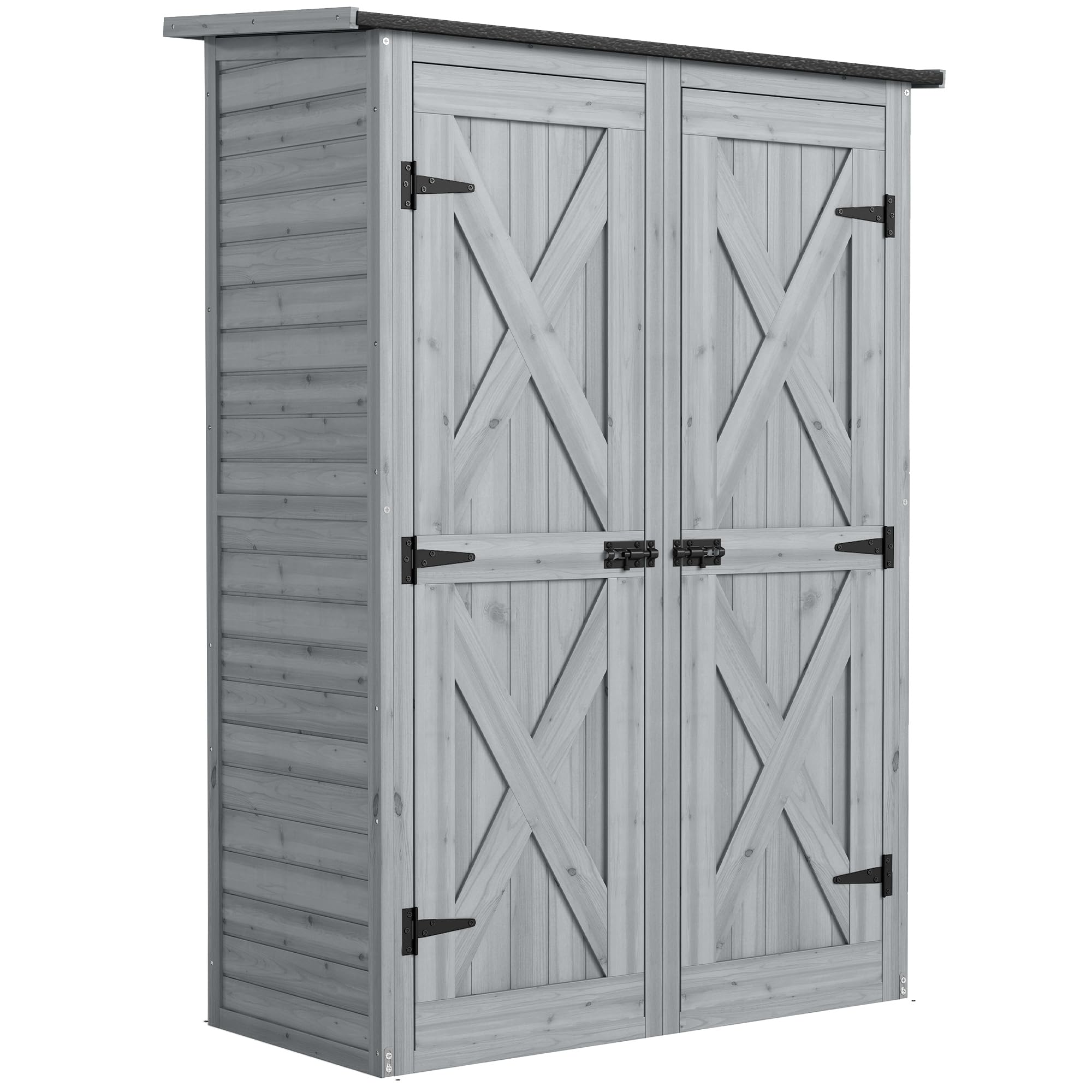 Outsunny Caseta de Jardín de Madera 115x53x156 cm, Cobertizo Jardín Exterior, Armario Exterior para Herramientas con Puertas Dobles con Pestillo, 2 Estantes y Techo Inclinado, Resistente, Marrón — view 10