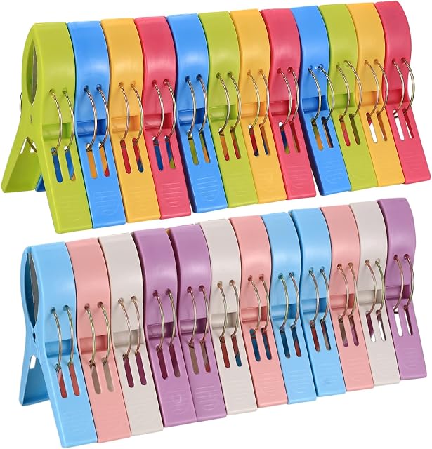 24 Pcs Plastic Clothes Pegs, Beach Towel Clips, Hanging Clips, Stroller Clips, Quilt Clips for Beach Chairs, Pool Towel Clips for Chairs, Laundry, Pool, Sand