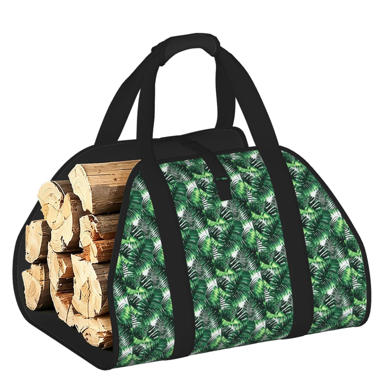 Ayyqwe Black Tropical Palm Banana Leaves Print Firewood Bag Wood Waterproof Versatile Camping Picnic Storage Daily Home