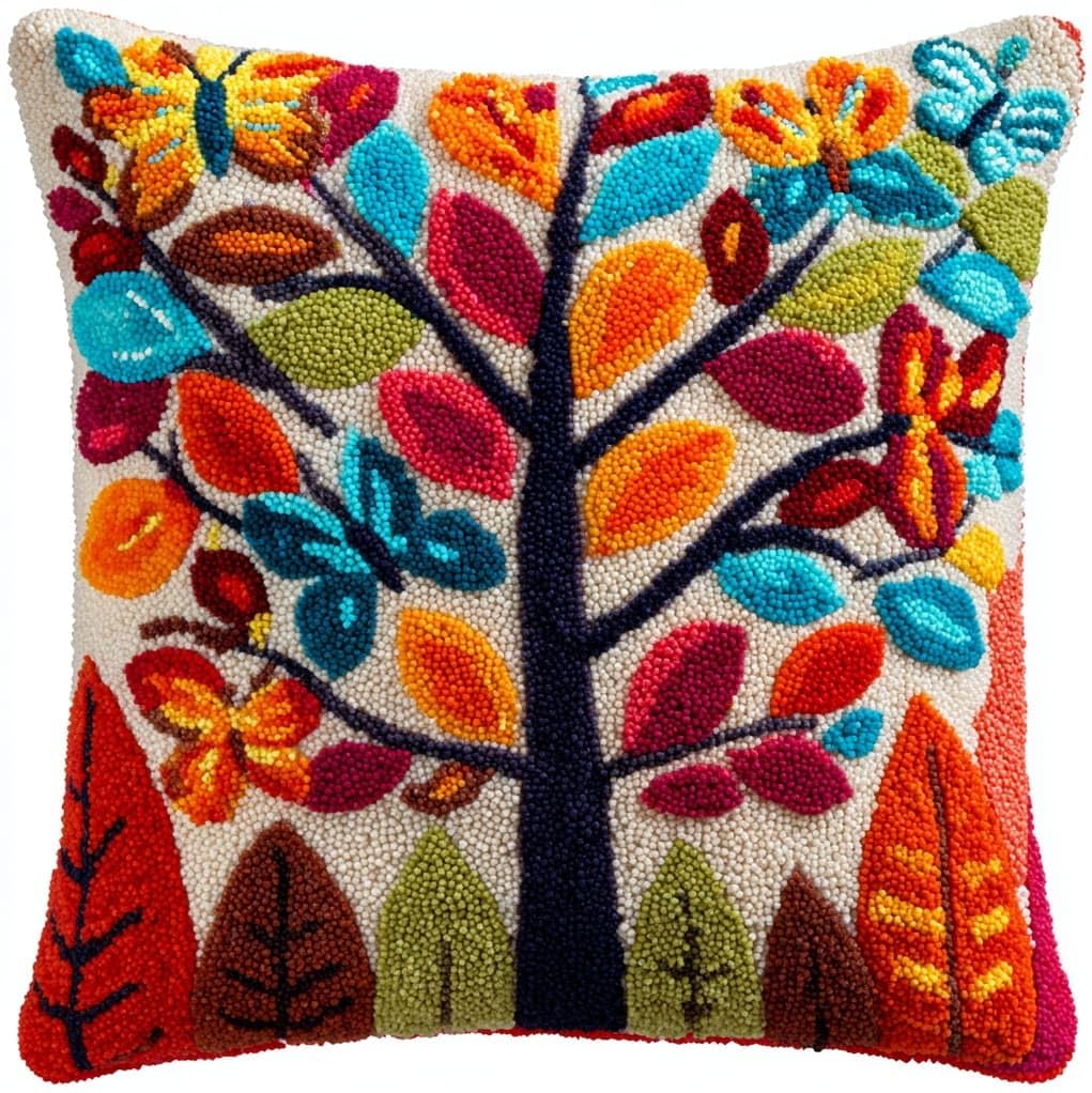 Henypt Latch Hook Pillow Craft Kit 43x43cm,Butterfly Tree 17x17 Inch,Complete Starter Kit with Tools and Yarn for Beginners & Craft Enthusiasts
