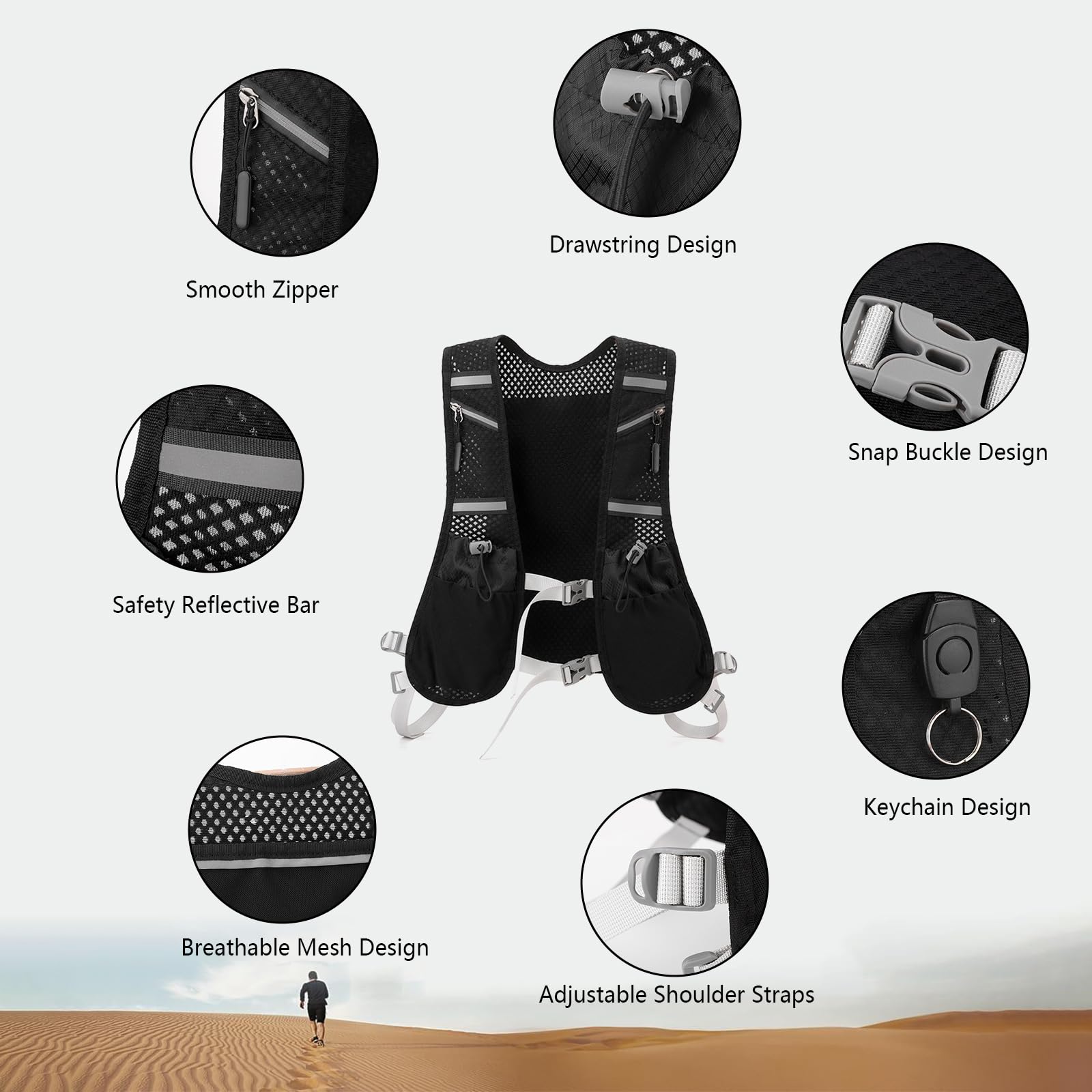 Laufweste mit 2 Soft Flasks 480ml, Verstellbar, Reflektierend, Atmungsaktiv, für Damen und Herren, Mehrere Taschen, für Marathon, Jogging, Radfahren